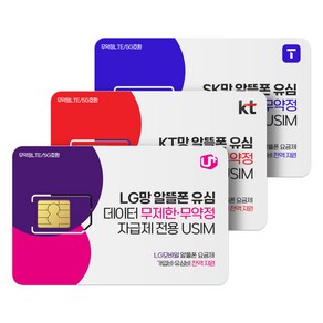 [3사 알뜰폰유심] 100원 프로모션 알뜰폰 유심 무제한 데이터 무약정 자급제. LG.SK.KT망 유심, 1개