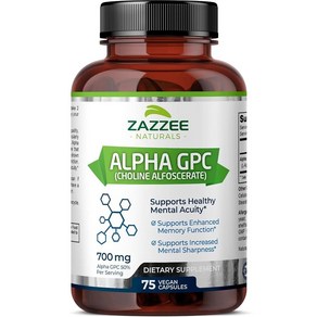 Zazzee Alpha GPC 콜린 1회 제공량 당 600mg 75개 비건 전반적인 뇌 기능 기억력 집중력 및 집중력 지원, Zazzee Alpha GPC 콜린 1회 제공량 당 6, 1개, 75정