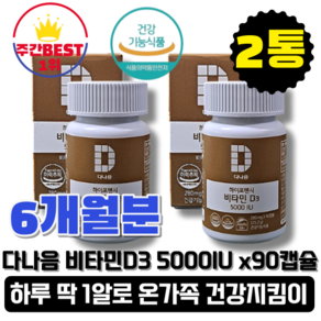 [본사정품][당일출고] 다나음 하이포텐시 비타민D 5000IU 280mg x 90캡슐 2박스 츄어블 비타민, 90정, 2개