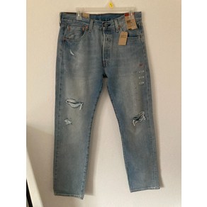 리바이스 501 Men 33x34 Light Blue Button Fly Ripped Denim Staight Jeans /18