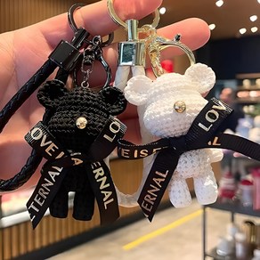 버블리데이 귀여운 니트 곰돌이 키링 2종 세트, 화이트 + 블랙, 1세트