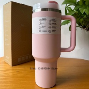 텀블러 40온스 컵 밀짚 자동차 여행 머그컵 커피 손잡이가 있는 절연 스테인레스 스틸 뚜껑, [04] 10 Pink, 1개