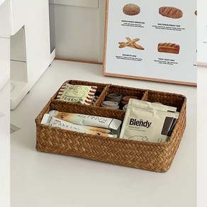 라탄 티 박스 차 보관함 커피 수납 상자 칸막이 소품 바구니 홈카페, 4그리드, 1개