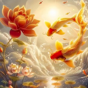 보련 용문에 뛰어오르는 잉어 3D 보석십자수 캔버스 액자 세트 번영 행운 풍수 인테리어 대형 와이드 캔버스 재물 스트레스 해소 취미 행복 행운을 부르는, 금색 연꽃과 잉어 01, 30*30cm (액자 없음), 1개