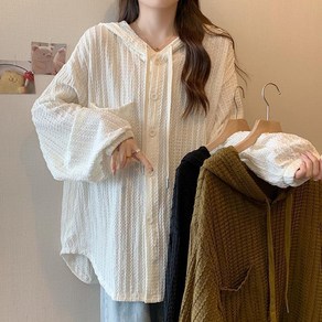 빅사이즈4XL~ 여성 여름 긴팔 후드 블라우스 티셔츠 데일리 루즈핏 하프 후드 남방