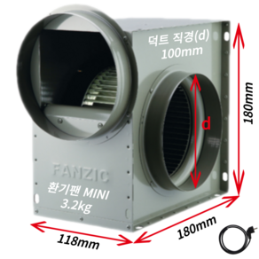 팬직 소형 시로코팬 0.04마력 덕트 100mm 단상 220V TFB-F10AS+코드선 2M 가정용 소형 흡기용 프라모델용, 1개