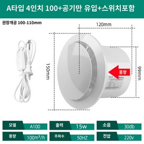 창문형 주방 저소음 리모컨 공사 고기집 환풍기, A타입 4인치 100+스위치 (공기만 유입), 1개