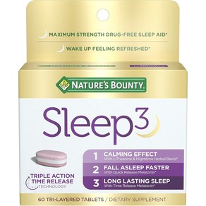 멜라토닌 Natue's Bounty Sleep3 10mg 약물 없는 수면 보조제 식이 보충제 L테아닌 및 야간 허브 블렌드 지연 방출 기술 60개의 3층 정제, None Applicable, 60 Count, 1개, 60정