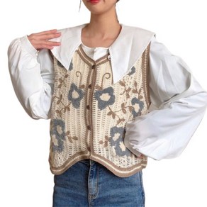 여성용 여름 브이넥 자수 베스트 캐주얼 민소매 숏 니트 조끼 카디건 상의 Women's Knitted Vest