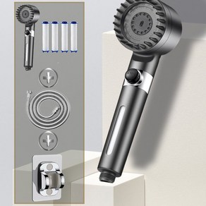샤워기 분사 꼭지 조절가능수량 샤워헤드세트, 건메탈 그레이 샤워 헤드 및 액세서리, 1세트