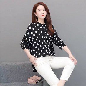 besteffie 7부 쉬폰 블라우스 라운드넥 세련된 단추 땡땡이 얇은 7부 소매 블라우스 E88