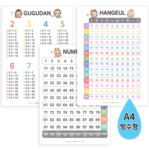 우아띵 A4 미니 벽보 3종 구구단 한글 숫자 100판 방수