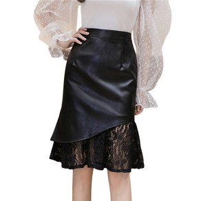 여성 레더 미디 스커트 레이스 슬림핏 A라인 불규칙 가죽 스커트 Women's skirt