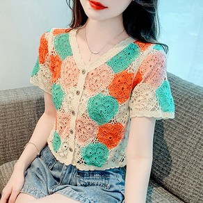 라오농 크로 셰 뜨개질 중공 V 넥 니트 카디건 여자 여름 스티칭 니트 반팔 탑 07d54f5LL