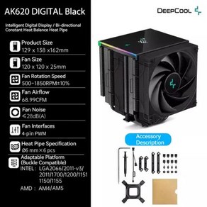 Deepcool 2011 V3 Cpu 쿨러 AK400 500 620 x99 프로세서 LGA1700 1200 1150 1151 1155 AMD AM4 AM5 에어 쿨러 라디에이터, As Show, As Show, 4) AK620 Digital - As Show - A, 4) AK620 Digital  As ShowAs Sh, 1개