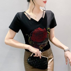ROYALBELLE 여성 꽃무늬 반짝이 슬림핏 반팔티 브이넥 슬림핏 레이스 펀칭 큐빅 티셔츠 V030631
