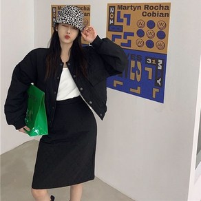 여성 순색 주머니 퀼팅 숏패딩 스커트 투피스 세트 가을 겨울용 트렌디 데일리룩