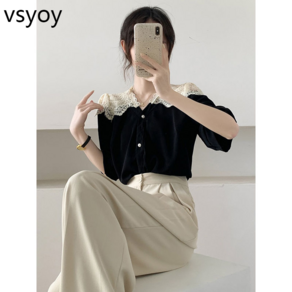 vsyoy 하이 엔드 레이스 V 넥 셔츠 여성의 새로운 여름 디자인 센스 바느질 반팔 셔츠 스타일 탑 옷