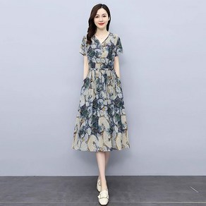 ROYALBELLE 여성 브이넥 미디 프린팅 허리밴딩 반팔 원피스 A0041718