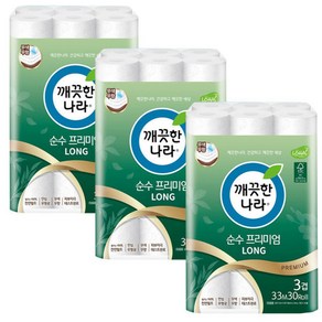 순수프리미엄 롱 3겹 33m 30롤 3팩화장지 휴지 두루마리 롤, 1개, 30개입