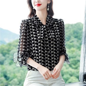 ROYALBELLE 여성 리본넥 시스루 블라우스 긴팔 쉬폰 셔츠 오피스룩 프릴 소매 셔츠 E0031114