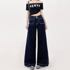 HANLIN 봄가을 여성 청바지 와이드 일자 하이웨스트 날씬해 보이는 세미와이드청바지 09BGV04H
