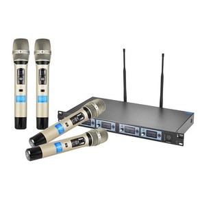 ammoon 4D-B UHF 휴대용 무선 마이크 100-240V EURO (배터리 제외) 네 수신기 (4) 밀 + 6.35mm의 오디오 케이블 어댑터 지연, EU 플러그, 1개