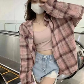 슬림소녀 여성 봄 베이직 캐주얼 루즈핏 긴팔 체크 남방 셔츠