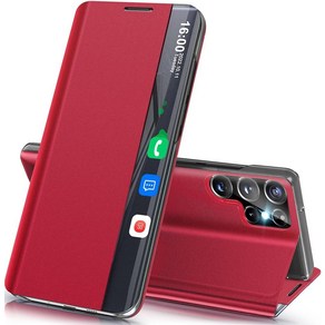 삼성 갤럭시 S25 울트라 5G 전용 폰 케이스 킥스탠드 포함 가죽 PC 플립 클리어 뷰 윈도우 보호 커버 레드, 1개