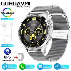 GT4 PRO 스마트워치 남성용 워치 4 프로 아몰레드 HD 스크린 블루투스 통화 GPS 궤적 NFC 심박수 스마트워, 은빛-메쉬-벨트
