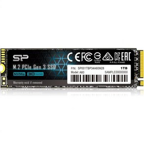 실리콘 파워 2TB NVMe M.2 PCIe Gen3x4 2280 SSD 솔리드 스테이트 드라이브 SP002TBP34A60M28