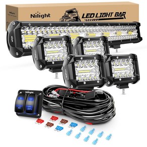 Nilight 50.8cm(20x2.54cm) 420W 트리플 로우 스팟 플러드 콤보 LED 라이트 바 작업 운전 램프 4피스 10.2cm(4x2.54cm) 60W 큐브 LED, 20Inc 조명+10.2cm(4인치) 조명 4개+배선