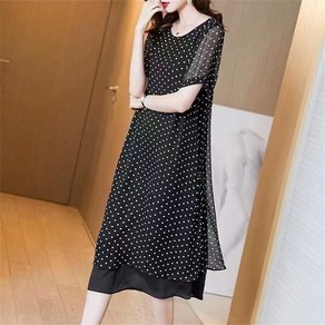besteffie 여성 여름 도트 미디 길이 원피스 쉬폰 반팔 드레스 레이어드 중년 여성 의류 K81