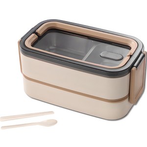 살림의발견 직장인 전자레인지 스텐 도시락통 2단 1400ml + 수저세트, 아이보리, 1개