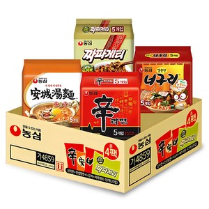 농심 신라면 120g 5개 + 안성탕면 125g 5개 + 얼큰 너구리 120g 5개 + 짜파게티 140g 5개, 20개