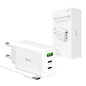 SKY 필 2세대 GaN 65W 미니 3포트 PD3.0 PPS QC4.0 플러스 초고속 C타입 멀티 충전기 + 60W C to C 케이블 1.5m 세트