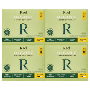 라엘 올그린 유기농 순면 생리대 날개형, 12개입, 중형, 4개