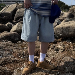 머시따 남성용 투핀턱 와이드 버뮤다 워싱 데님 반바지