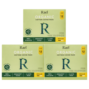 라엘 올그린 유기농 순면 생리대 날개형, 12개입, 중형, 3개