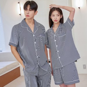 도씨 커플용 냉감 실크핏 클린 반팔 카라 잠옷 상하의 세트 D-3653