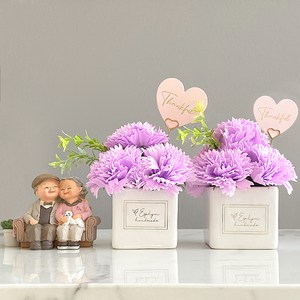 이플린 카네이션 비누꽃 큐티 화분 + 선물상자 + 하트카드 + 골드 픽, 퍼플, 2개