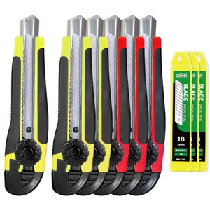 코멧 전문가용 잠금식 대형 스크류 러버 커터칼 6개 + 칼날 30개 세트, 혼합색상, 6개