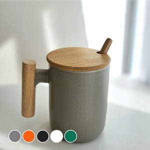 라운드 우드 고급 머그컵 380ml + 뚜껑 세트, 그레이, 1세트