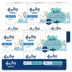 순수한면 슈퍼가드 생리대 날개형 중형 16p x 4팩 + 대형 14p x 2팩 세트, 2세트