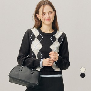 ELLE PARIS 여성용 폭닥 헤어리얀 아가일 라운드넥 스웨터