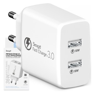 서가 36W 퀵차지 QC3.0 2포트 멀티 18W+18W 동시 USB 고속 충전기, 화이트, 1개