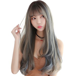 하이유니 레이어드 C컬 펌 롱 헤어 긴머리 통가발 가발 67cm + 가발망 + 거치대 세트, 헤이즈블루, 1세트