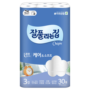 잘풀리는집 케어 앤 소프트 천연펄프 3겹 롤화장지, 27m, 30롤, 1개