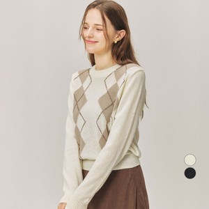 ELLE PARIS 여성용 폭닥 헤어리얀 아가일 라운드넥 스웨터