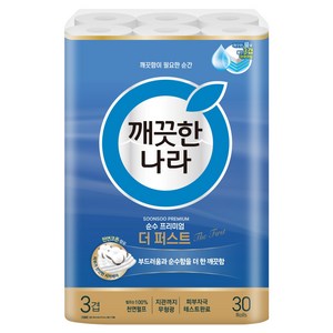 깨끗한나라 순수 프리미엄 더 퍼스트 천연펄프 3겹 고급롤화장지, 30m, 30개입, 1개